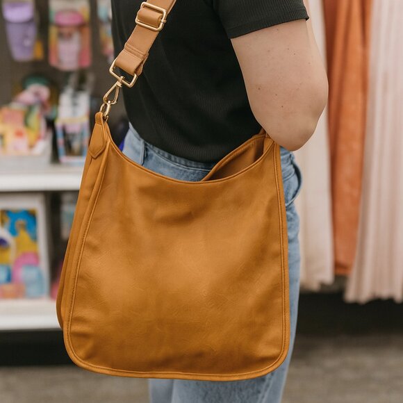 Ah-dorned Vegan Leather Messenger Crossbody Dark Tan Bag w/Wide Strap EUC - Picture 1 of 7